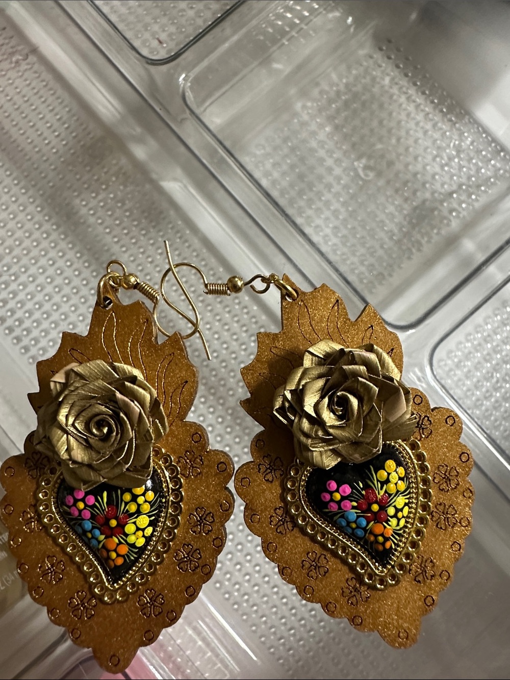 Handcrafted Gold Floral Heart Drop Earrings - Decorative Painted Accents